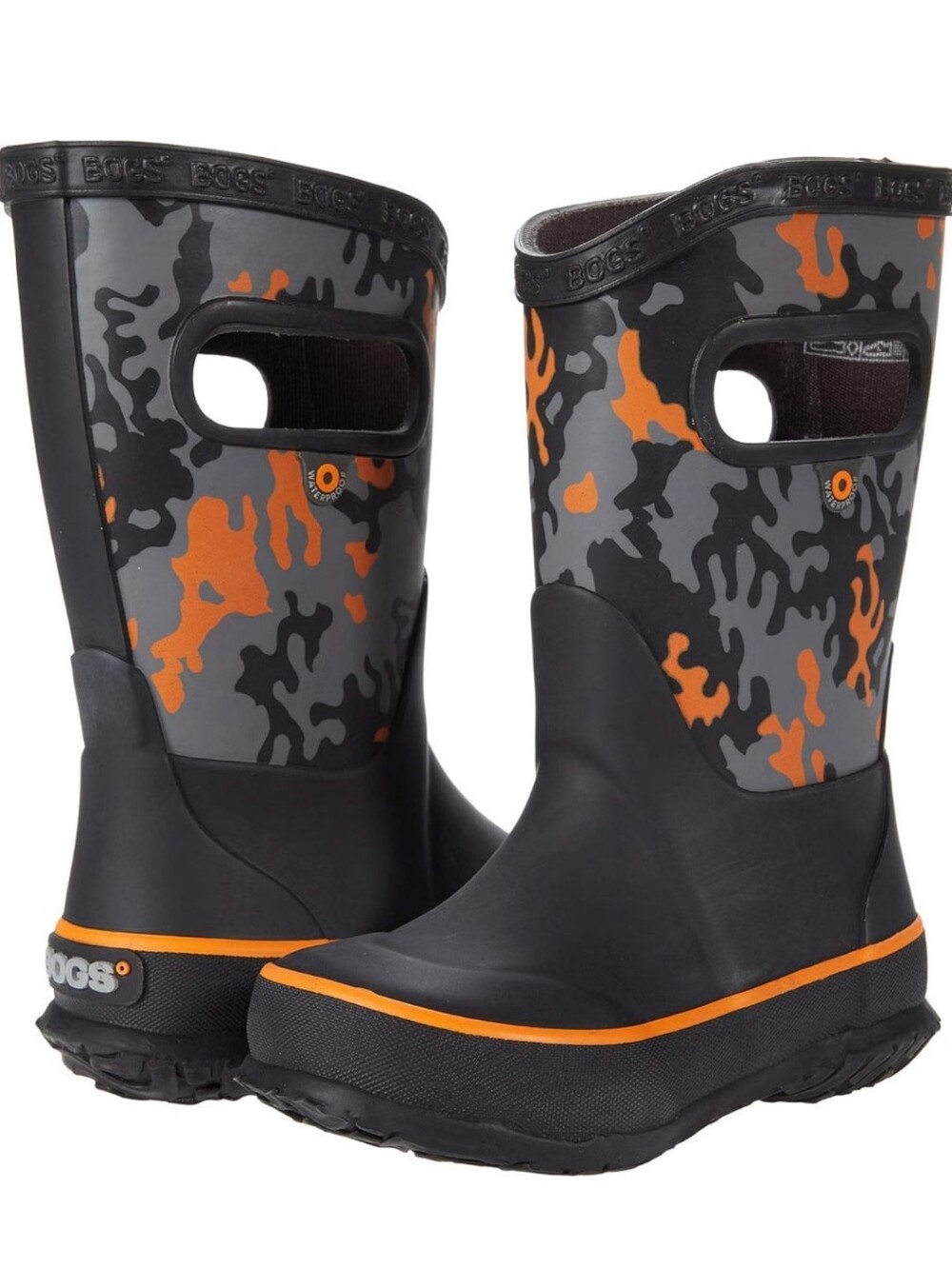 Bogs Kids' Black & Orange Camo Handle Rain Boots Size 6